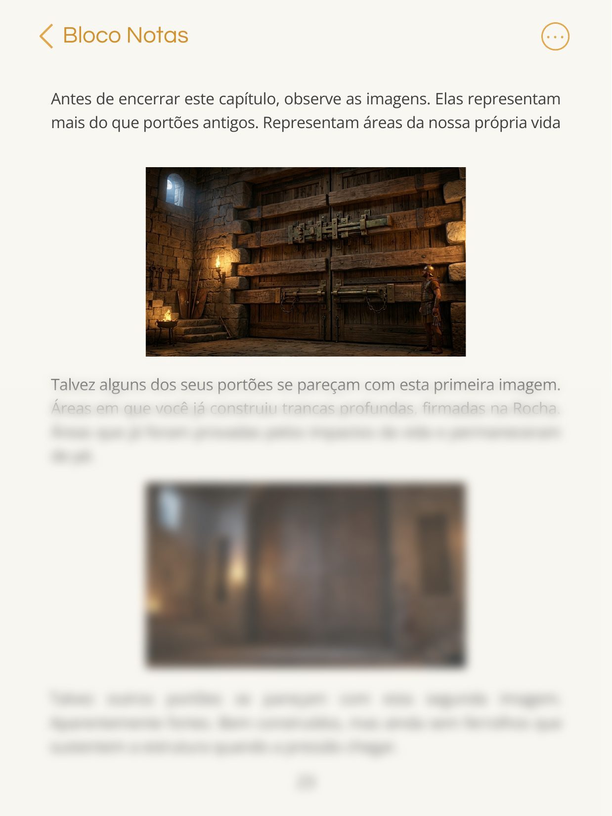 Página com duas ilustrações de portões antigos de madeira e texto reflexivo.